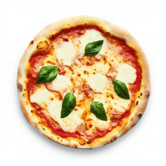 Top view product shot of a Margherita pizza with tomato sauce, mozzarella cheese, and basil leaves, with a fluffy crust, isolated on a white background. (Generative AI)