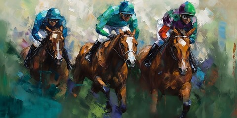 courses hippique, chevaux et jockey stylisé en peinture moderne - style peinture à l'huile au couteau - illustration ia