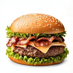 Product shot of a hamburger or cheeseburger with lots of bacon and lettuce, made with juicy beef patty and served on a sesame bun, isolated on a white background. (Generative AI)