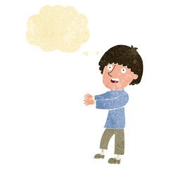 cartoon happy man showing with thought bubble