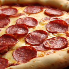 Close-up shot of a salami pizza with a thick and fluffy crust and a cheese-stuffed edge. (Product shot / Generative AI)
