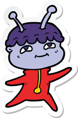 sticker of a friendly cartoon spaceman dancing