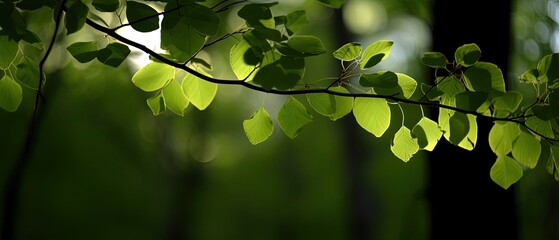 Fototapeta na wymiar green forest leaves branch backlight against sunlight, Generative Ai