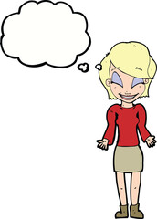cartoon happy woman shrugging shoulders with thought bubble