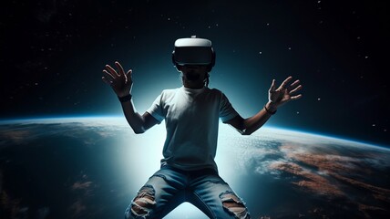 Fototapeta na wymiar un homme avec un casque VR sur la tête en train de voler dans l'espace - generative ai