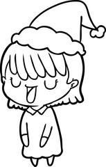 line drawing of a woman wearing santa hat