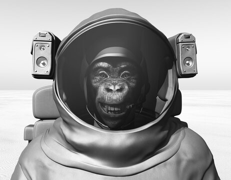 Schimpanse im Raumanzug auf dem Mars in Schwarz und Weiß