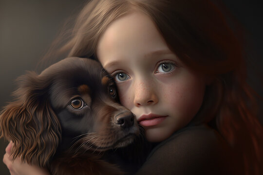 Puppy love - a sweet young girl child hugging her cute dog.  Generative AI.