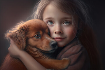 Puppy love - a sweet young girl child hugging her cute dog.  Generative AI.