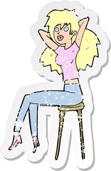 retro distressed sticker of a cartoon woman posing on stool