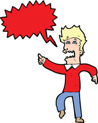 cartoon frightened man pointing with speech bubble