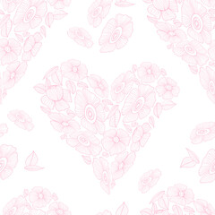 Seamless pattern with floral heart. Linear pink groovy daisy flower on transparent background. Vector Illustration. Aesthetic modern art hand drawn for wallpaper, design, textile, packaging, decor.