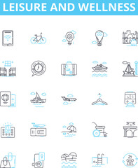 Leisure and wellness vector line icons set. Leisure, Wellness, Relaxation, Vacation, Fitness, Fun, Health illustration outline concept symbols and signs