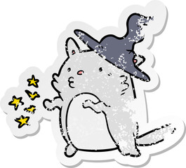 distressed sticker of a cartoon cat wizard