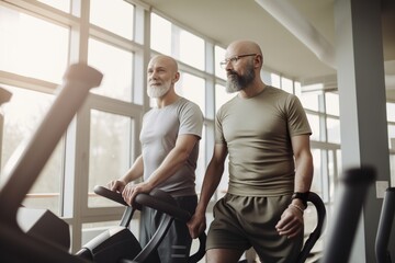 Fototapeta na wymiar Middle-aged men, two friends during gym workout, AI generative