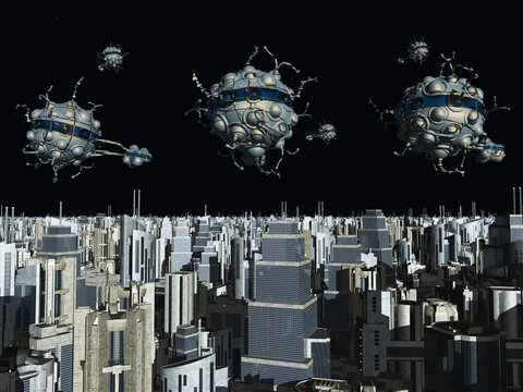 Außerirdische Raumschiffe über einer futuristischen Stadt bei Nacht