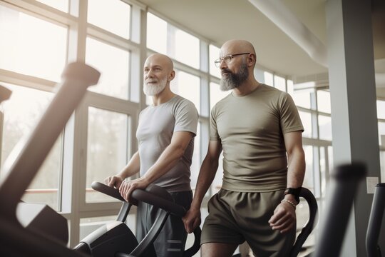 Middle-aged men, two friends during gym workout, AI generative