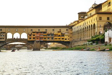 Ponte Vecchio seen from a boat on the Arno River in Florence, Tuscany, Italy