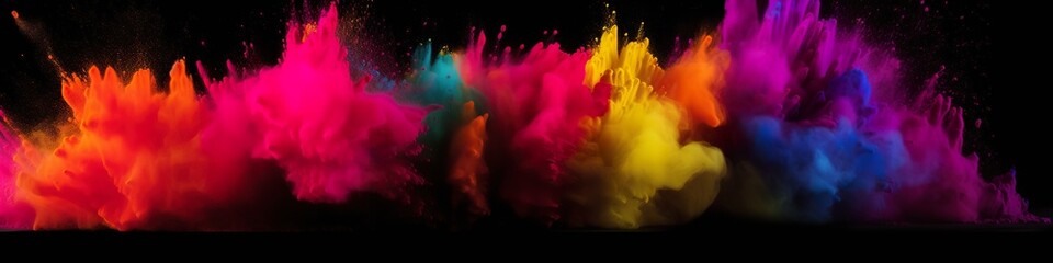 Obraz na płótnie Canvas Panoramic banner with holi powder explosions, vibrant colors, multicolor powder, AI generative panorama