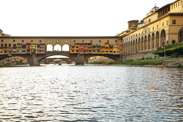 Ponte Vecchio seen from a boat on the Arno River in Florence, Tuscany, Italy