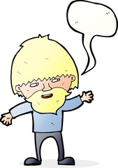 cartoon happy bearded man waving with speech bubble