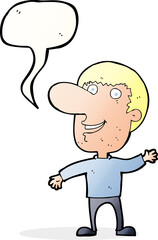 cartoon waving man with speech bubble