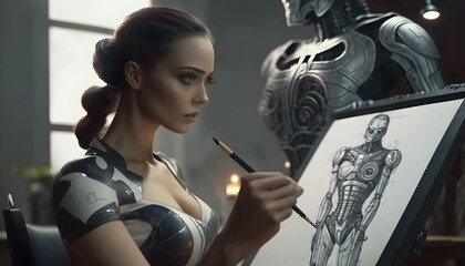 AI woman robot is drawing a picture. Generative AI.
