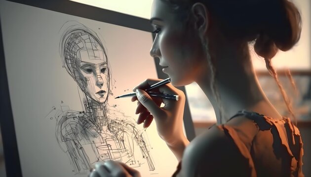 Beautiful woman painting AI. Generative AI.