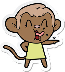 sticker of a crazy cartoon monkey in dress pointing