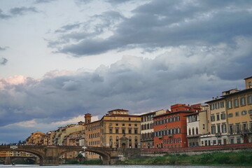 Fototapeta premium Santa Trinita bridge seen from a boat on the Arno River in Florence, Tuscany, Italy