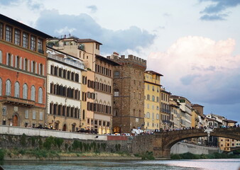 Fototapeta premium Santa Trinita bridge seen from a boat on the Arno River in Florence, Tuscany, Italy