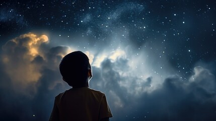 Fototapeta na wymiar illustration of a boy looking at night starry sky with glitter glow galaxy flicker above, idea for prayer of hope, love, peace theme, Generative Ai