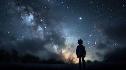 illustration of a boy looking at night starry sky with glitter glow galaxy flicker above, idea for prayer of hope, love, peace theme, Generative Ai