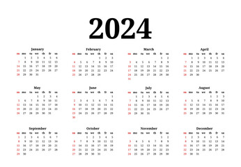 Calendar for 2024 isolated on a white background