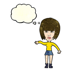 cartoon woman waving away with thought bubble