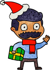 textured cartoon of a man with mustache and christmas present wearing santa hat