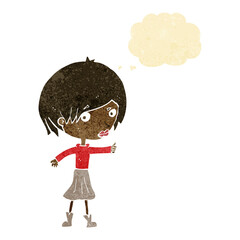 cartoon woman raising eyebrow with thought bubble