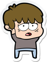 sticker of a cartoon exhausted boy