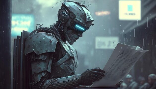 AI Robot Reading Newspaper. Generative AI.