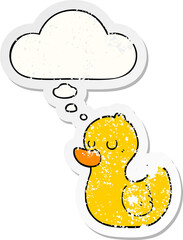 cartoon duck and thought bubble as a distressed worn sticker