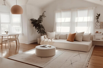 Fototapeta na wymiar Living room interior, simple, minimal wooden decor in off white and orange, AI generative