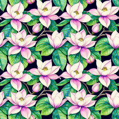 Floral background tropical seamless pattern with Magnolia flowers and green leaves, wallpaper design, watercolor illustration for textile design, cover, wallpaper, wrapping paper. AI generated