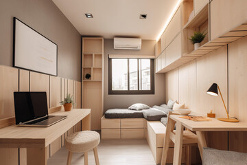 Fototapeta na wymiar Tiny house or studio flat, simple, minimal wooden decor muji style in warm shades, AI generative