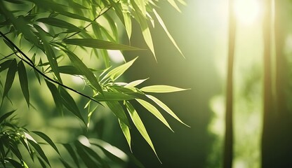 close up bamboo leaves in forest, idea for spiritual and Zen abstract nature background, Generative Ai