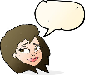 cartoon happy female face with speech bubble