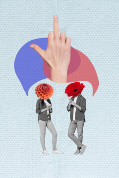 Composite photo creative design collage of two headless absurd people flowers hold phone toxic chat middle finger isolated on blue background