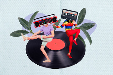 Creative banner collage template of hipsters dancing headless retro cassette tape boombox couple dance vinyl disc song isolated on blue background