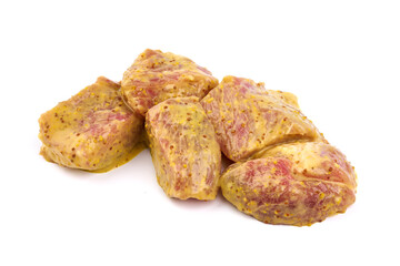 Pork kebab, ready to cook, BBQ, isolated on white background.