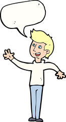 cartoon man waving with speech bubble