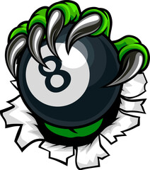 A monster or animal claw or talon hand with claws or talons holding a pool billiards black 8 ball.